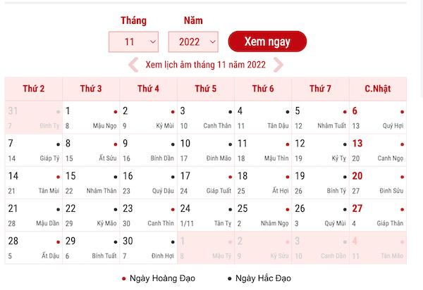 Tháng 11 Có Bao Nhiêu Ngày Theo Lịch Âm và Dương 2022