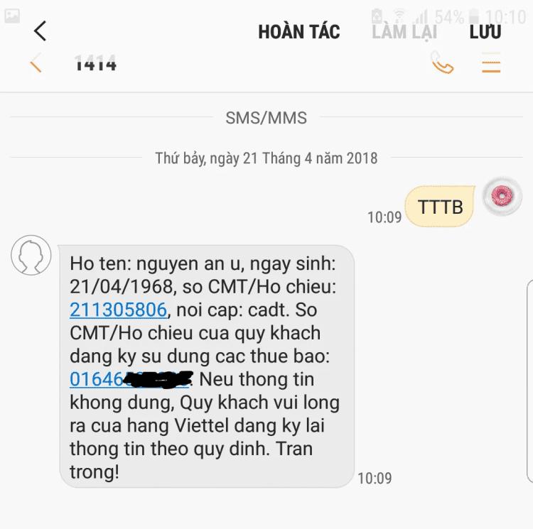 Soạn TTTB gửi 1414 để kiểm tra SIM chính chủ Viettel