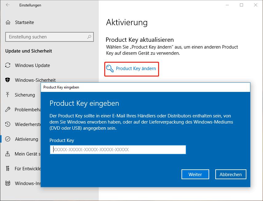 Ändern Sie den Windows-Produktschlüssel