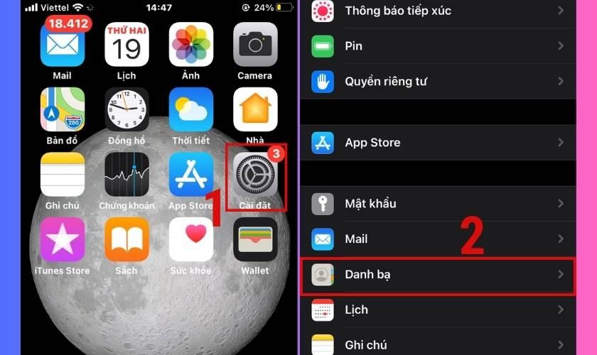 nhấn vào mục danh bạ để lấy danh bạ từ gmail về iphone