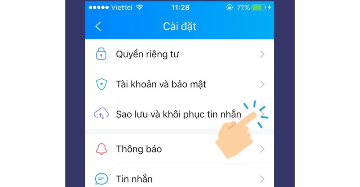 Cách lấy lại tin nhắn Zalo đã xóa trên iPhone thông qua cài đặt Zalo