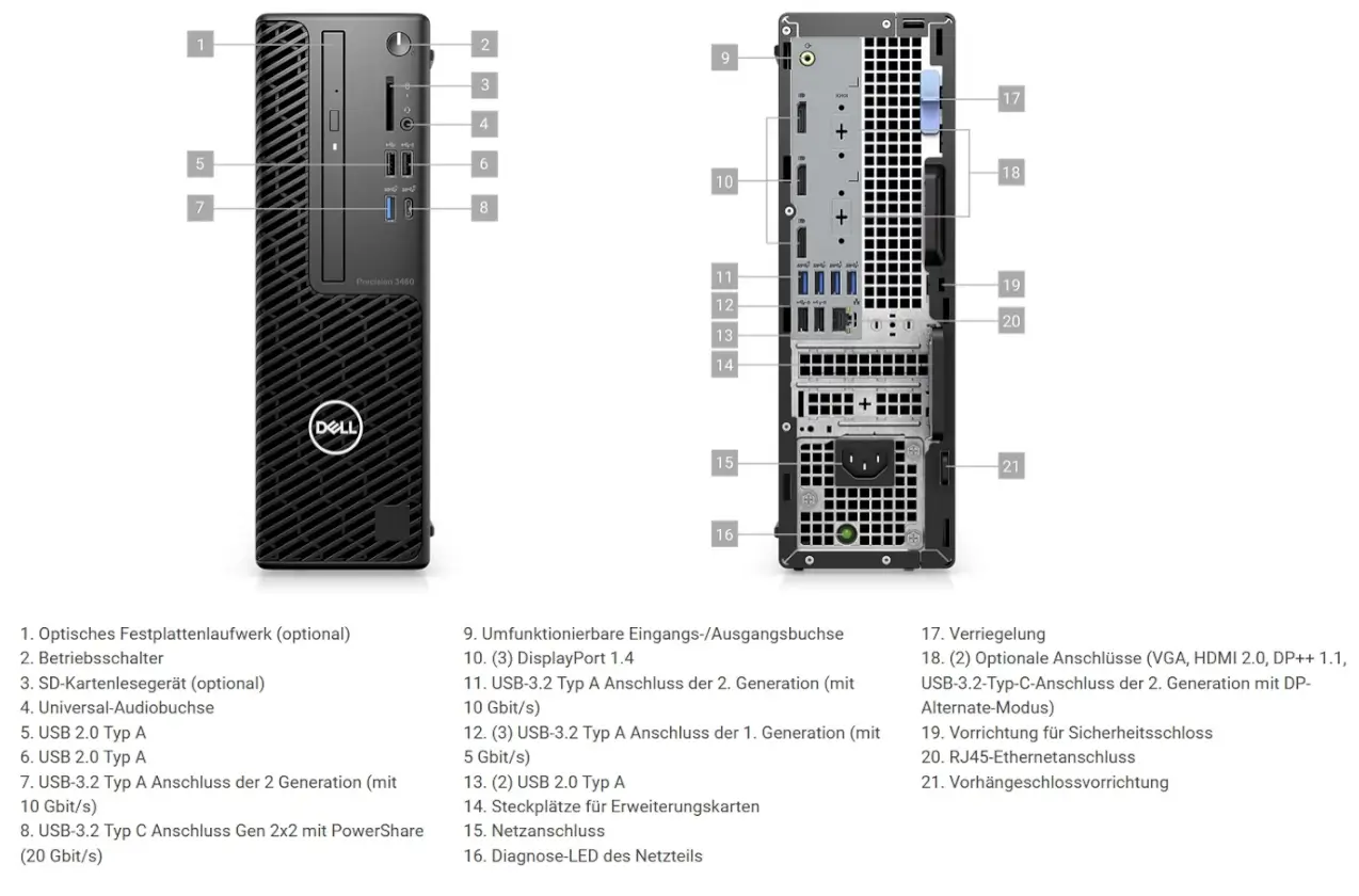 Dell Precision 3460 - Anschlüsse und Steckplätze