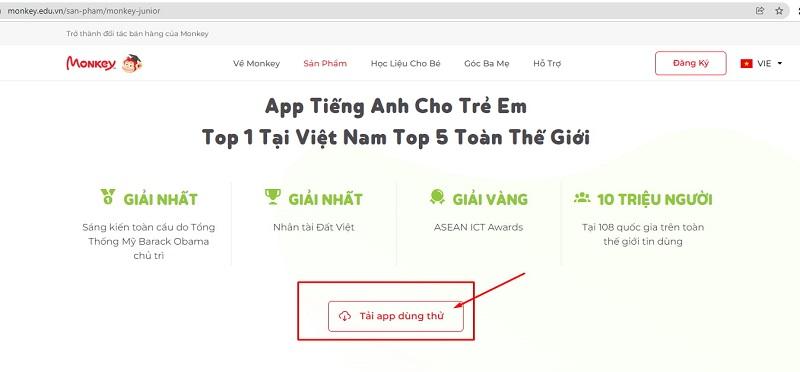 Bấm "Tải app dùng thử" Monkey Junior. (Ảnh: Chụp màn hình)