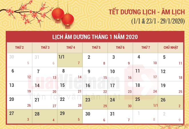 Lịch nghỉ Tết Dương lịch, Âm lịch năm 2020