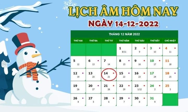 Lịch âm 14/12 - Tra cứu lịch âm hôm nay thứ 4 ngày 14/12/2022 - 1