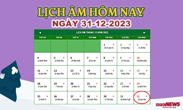 Lịch âm 31/12 - Âm lịch hôm nay 31/12 chính xác nhất - lịch vạn niên 31/12/2023