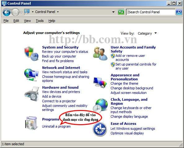 Vào mục "Uninstall a program" trong Control Panel