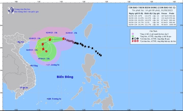 Vị trí và đường đi bão số 3. (Ảnh: NCHMF).