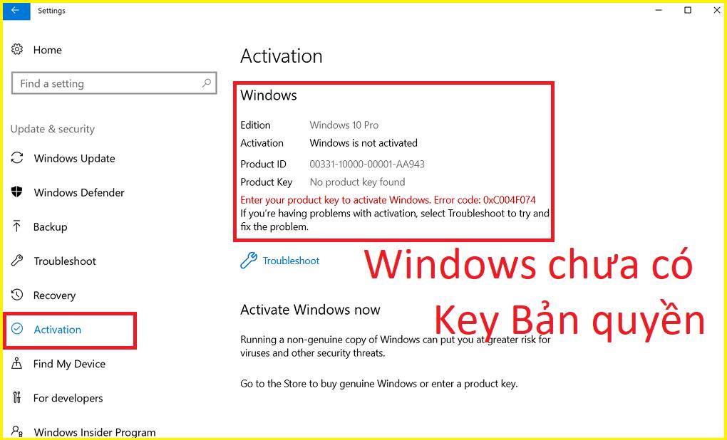 Windows 10 Pro chưa có bản quyền