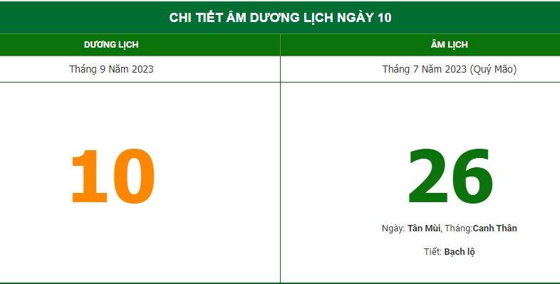 Lịch âm 10/9, xem âm lịch hôm nay Chủ Nhật ngày 10/9/2023 đầy đủ nhất